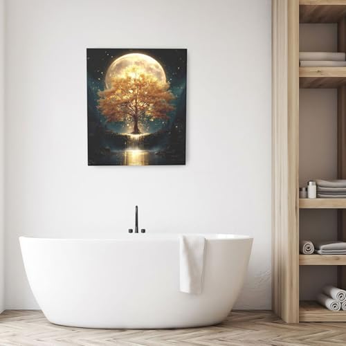 Golden Tree Wall Art Fantasy Tree with Moon and Waterfall Canvas Wall Decor Pictures Paintings Prints Mystical Nature Artwork Framed De corations For Meditation Space Bathroom Bedroom Living Room Office Gifts 20" x 24" - color: Golden Tree, size: 24"L x 2