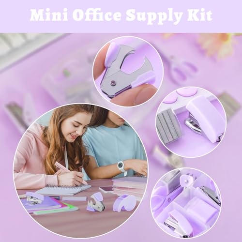 8 Pack Mini Office Supply Kits Mini School Supplies – Includes Mini Stapler, Scissors, Staple Remover, Puncher, Pencil Sharpener, Tape Dispenser (Purple) - color: Purple