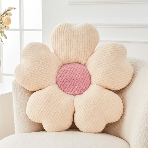 Kcvvcr Flower Throw Pillow, Cute Flower Shaped Pillow Decorative Throw Pillow for Bed Couch, Soft Daisy Pillows Floor Seating Cushion Cushions (14.9 Inch Ivory+Pink) - color: Ivory+pink, size: 14.9 Inch