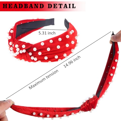 LOVNFC Womens Headbands, 6Pcs Knotted Head Bands No Slip Fashion for women Girls Wide Top Knot Turban Hair Bands Velvet Hair Hoops Hairband (red blue brown) - color: Pure color with pearl C