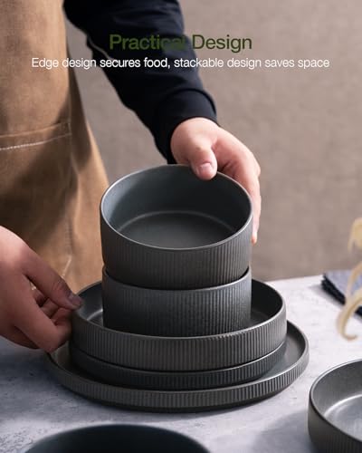 Famiware Star Stoneware Dinnerware Sets for 8, Reactive Glaze Plates, Bowls - color: Matte Dark Charcoal