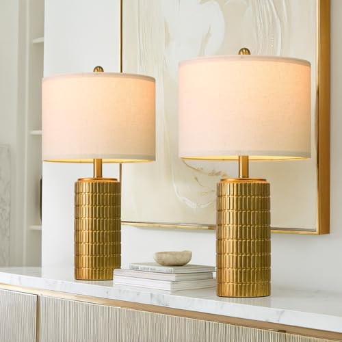 PoKat 23" Brass Gold Ceramic Table Lamps for Living Room, Retro Warm Gold Lamps for Night Stands, Vintage Bronze Decorative Lamps for Bedroom, Antique Gold Brown Nightstand Lamps for Home Decor - color: Gold