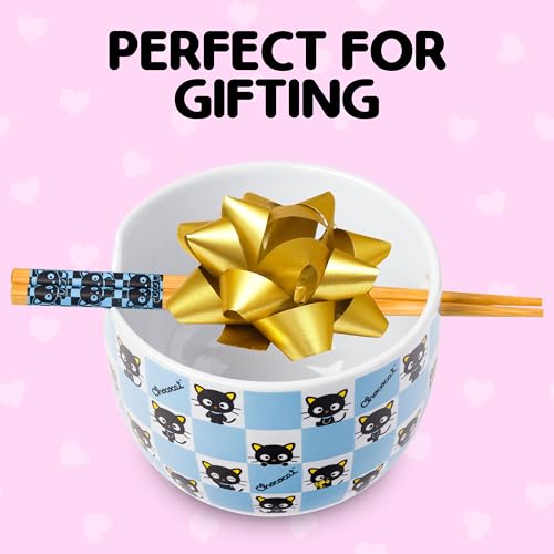 Silver Buffalo Hello Kitty and Friends Chococat Checkered Pattern Ceramic Ramen Noodle Rice Bowl with Chopsticks, Microwave Safe, 20 Ounces - color: Chococat Checkered, size: 20 Ounces (No Spoon)