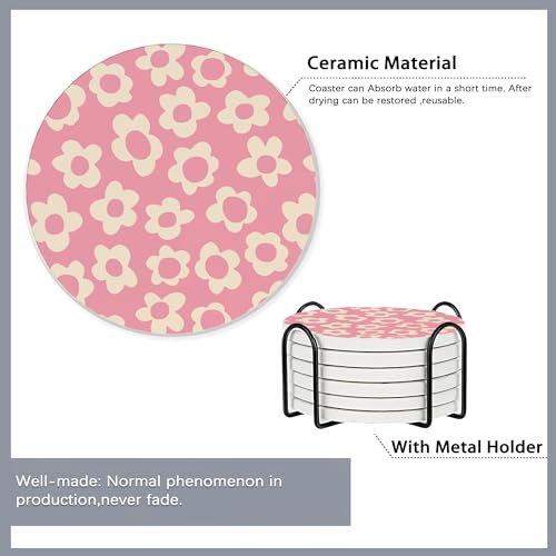 Drink Coasters Set of 6 with Holder,Vintage Flowers,Floral Pink Blue Green Purple Absorbent Ceramic Coasters with Cork Base,Fit All Cups,Tabletop Protection Mat for Mugs and Cups,Office,Kitchen - color: Vintage Groovy Flowers,floral Pink Blue Green Purple