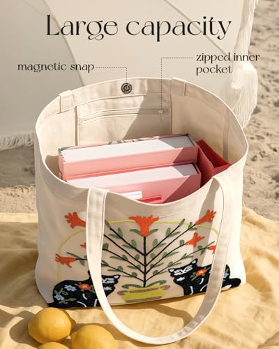 Miss Adola Embroidery Canvas Tote Bag with Pocket & Buckle - color: Cat