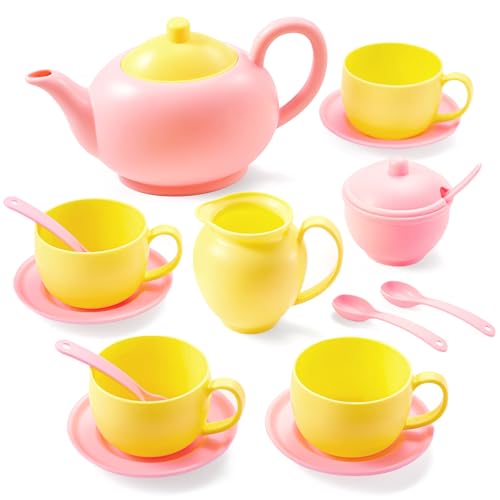 JOYIN 18PCS Pretend Tea Party Set, Pink Plastic Tea Set, Mini Kitchen for Kids, Gifts for Kid Boys Girls, Easter Birthday Gifts - style: Pink Teapot