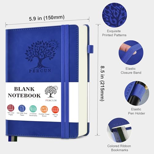 Blank Journal Notebook 5.9"×8.5", Leather Sketchbook,160 Pages Sketch book - color: Dark Blue, size: Blank Page