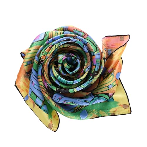 JWSilk Long Charmeuse Silk Scarf Classic Art Print - color: Turquoise