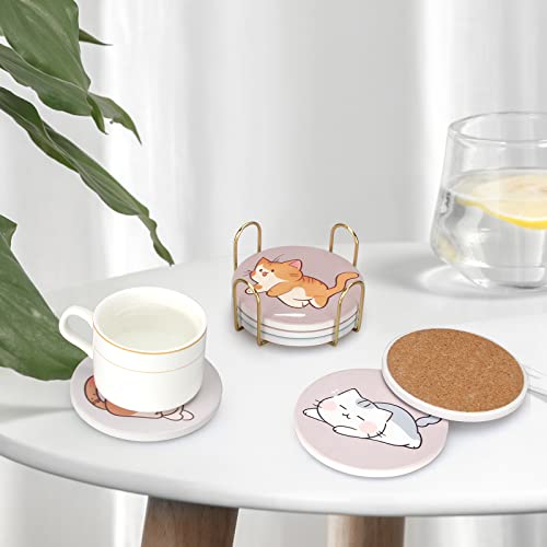 Cute Coaster Set of 6 Cat Lover Gift Kawaii Anime Decor Ceramic Coasters - color: Cat Set of 6