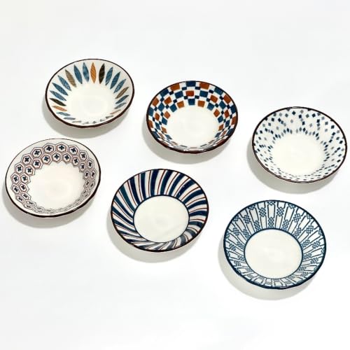Small Bowls for Dips 3oz, Sauce Cups 3.8" Ceramic Bowl Set of 6 - color: Indigo Graffiti