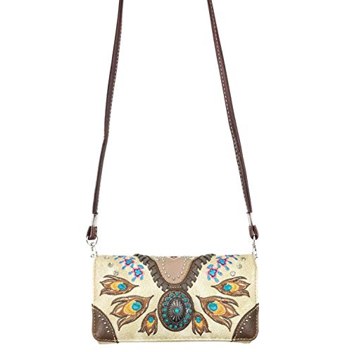 Zelris Turquoise Concho Peacock Feather Women Crossbody Wrist Trifold Wallet - color: Beige