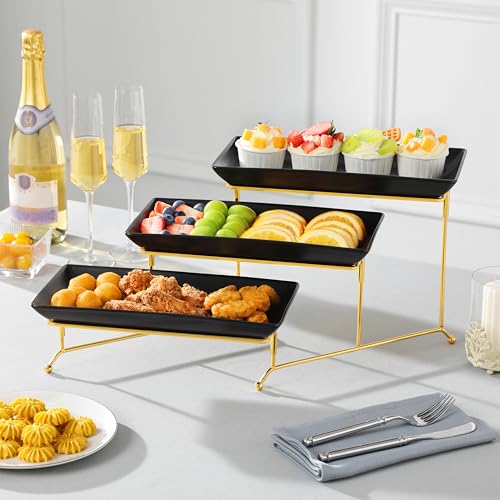 MALACASA 3 Tier Serving Trays for Party, 12 Inch Porcelain Black Trays for Serving Food, Dessert Stand with Collapsible Gold Metal Rack - color: Black Gold, size: 12 Inch
