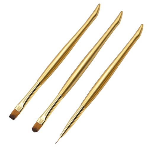 3 Pcs Gold Nail Art Brush Set - Premium Gel Polish Brushes with Ergonomic Curved Handles, Includes Ultra-Fine Liner, Flat, and Oval Brushes for Nail Extension, Painting, and DIY Manicure Detailing