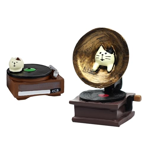 RAQWI Cat Phonograph & Record Player Figurines, Resin Desk Decor - color: Music