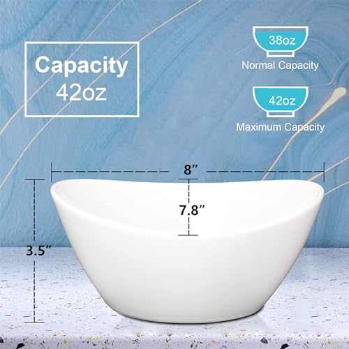 GarveeHome 8 in Ceramic Deep Soup Bowls & Salad Bowls - 42 oz Large Bowls Set of 4 for Kitchen - White Ceramic Serving Bowls for Salads, Cereal, Soup, Dishwasher & Microwave Safe - size: 42 OZ