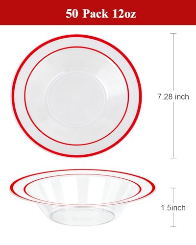BESTSTAR 50 Pack clear Plastic Bowls with Red Rim - color: Red, size: 50 pack