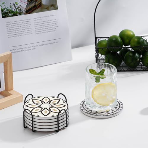 Baalaka Coasters Set of 6 with Holder, 4 in Absorbent Ceramic Boho Mats