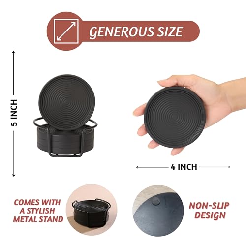 Folkulture Wooden Cute Wood Coasters with Holder, Black, Set of 4, Drinks - color: Black