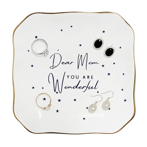 Mothers Day Gifts For Mom Women, Ceramic Ring Dish Holder Jewelry Plate Tray - Dear Mom You Are Wonderful - Birthday, Mother's Day, Christmas for Mom Grandma, Trinket Dish Tray for Vanity Dresser - style: Mom