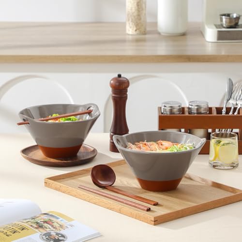 MALACASA 42 oz Ceramic Ramen Bowls with Chopsticks & Spoon, Brown & Khaki - color: Brown and Khaki