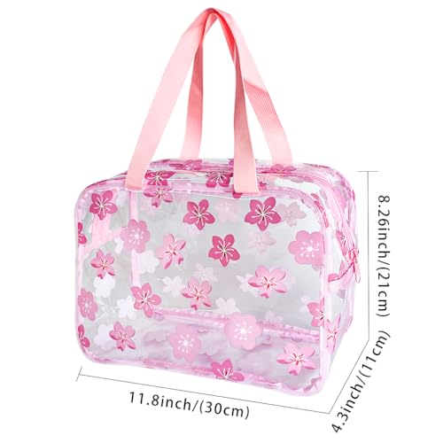 Clear Printed Floral Cosmetic Bag and Travel Pouch with Handle-Durable PVC Material,Versatile,Zipper Design for Smooth Sliding-Ideal for Makeup,Travel Essentials (Pink Floral#1-L) - color: A230023-5265-06-L