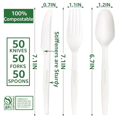 MISISIPI 150-Count Compostable Utensils Set - Heavy Duty BPI Certified, Plastic-Free Disposable Forks, Spoons, Knives for BBQ, Camping, Events, Plant-Based Cutlery - style: Cutlery Set-150