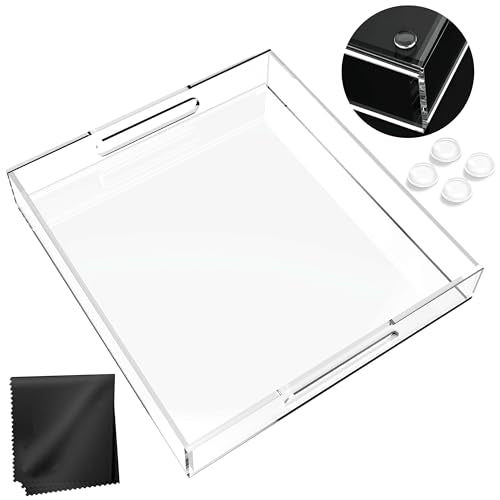 Acrylic Tray 12x12 with Cut Handles - Spill Proof Decorative Tray is an Ideal Countertop Organizer for Living Rooms, Ottoman Coffee Tables, Offices, Kitchens & Serving Guests - color: Transparent, size: 12" x 12" x 2"