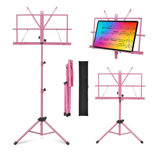 MOSEN Sheet Music Stand, Heavy Duty Adjustable Tripod, Quick Fold Pink - color: Pink