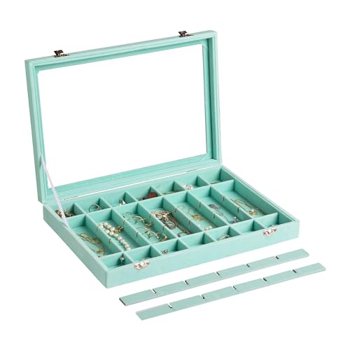 Frebeauty 35 Grid Earring Organizer,Velvet Jewelry Tray with Clear Lid - color: Turquoise, size: 35 Grid