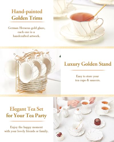 DUJUST 22 pcs White Porcelain Tea Set for 6, Luxury British Style Tea/Coffee Cup Set with Golden Trim, Beautiful Tea Set for Women, Tea Party Set, Gift Package (With a Stand) - color: 22pcs White