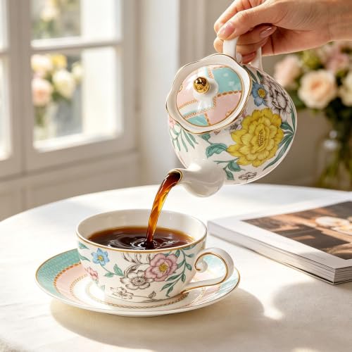 KAMMAK Tea for One Set, Ceramic Teapot, Bone China Tea Set, Cup and Saucer - color: Green-GH6