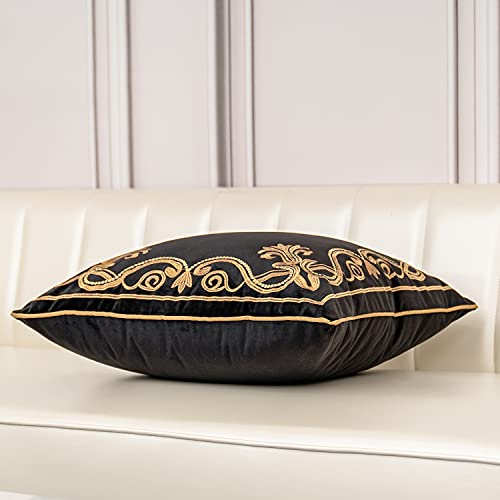 Aeckself European Floral Pillow Cover 24x24 Inch, Large Luxury Velvet Embroidered Decorative Throw Pillow Cover for Couch Bedroom Living Room, Black and Gold, Yw-OBYG-Black6060 - color: Black Gold, size: 24" x 24" (Pack of 1)