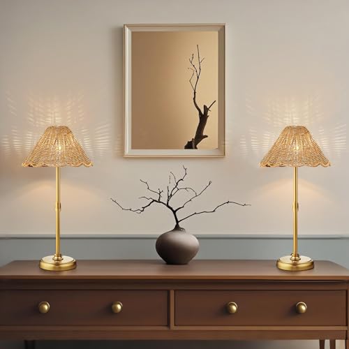 20.5'' Tall Cordless Boho Rattan Table lamp, 5200-mAh Rechargeable Battery, 3-Level Brightness Dimmable, Build-in LED 320 Lumen Max, for Bedside Restaurant Resort Hotel Dining Table - color: 20.5'' Tall Gold