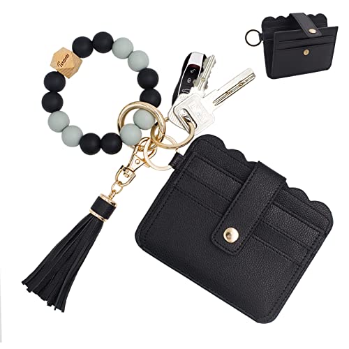 Keychain Wallet Wristlet Small Credit Card Holder Bracelet Key Chain Purse Bangle Tassel Beads Key Rings for Women - color: 03-rfid Black
