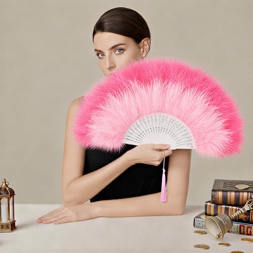 BABEYOND 1920s Marabou Feather Folding Hand Fan - color: GradientPink