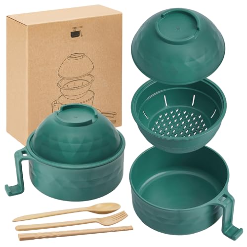 1 Set Microwave Ramen Cooker Bowl with Utensils, Dark Green - color: Dark Green