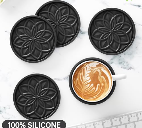 HFHOME Coasters for Drinks 4 Pcs Silicone Coasters Set, Drink Coaster for Coffee Table, Table Cup Mat Desk Coaster for Drinks, Bar Coasters for Home Decor Tabletop Protection Gift - Black - color: Black - 4pcs