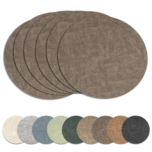 13" Round Placemats Set of 6, Reversible Faux Leather Wipeable Table Mats - color: Dark Coffee