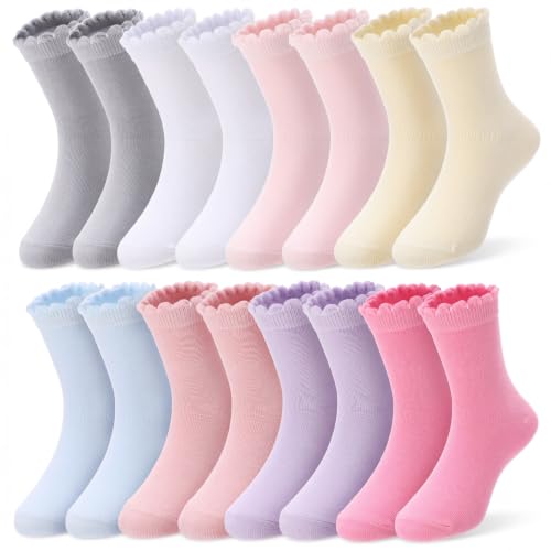 8 Pairs Girls Ruffle Crew Socks, Cute Frilly Soft Cotton Socks - color: Multicolor, size: 6-8 Years