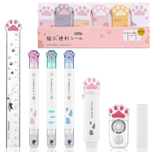8 Pcs Cute Cat Paw Stationery Set Kawaii School Office Supplies Including Eraser Correction Tape Highlighters Sticky Notes Ruler for Cat Lovers Students (White) - style: Style D (White)