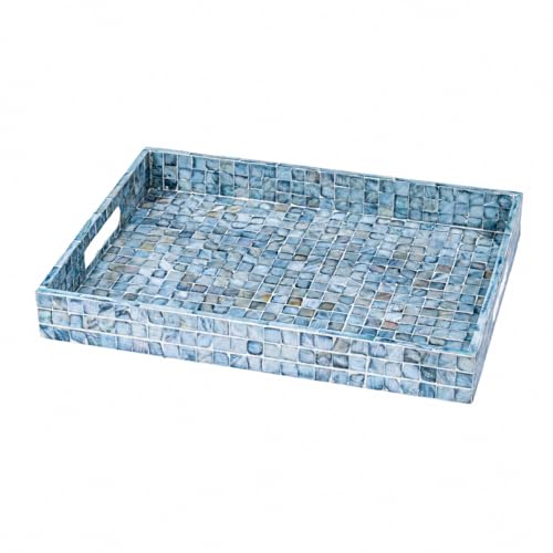 PEMAR Rectangular Mother of Pearl Serving Tray Nacre Wood Lap Ottoman Tray for Coffee Table, Luxury Decorative Handmade Eating Platters w Insert Handles (Blue) - color: Blue