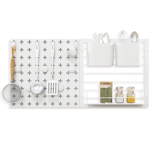 Goplus Peg Board, Metal Pegboard Kit with 2 Pegboard Panels, 12 Accessories, Storage Rack, 2 Storage Containers, Magnets & Hooks, White Pegboard Wall Organizer for Office Kitchen Home
