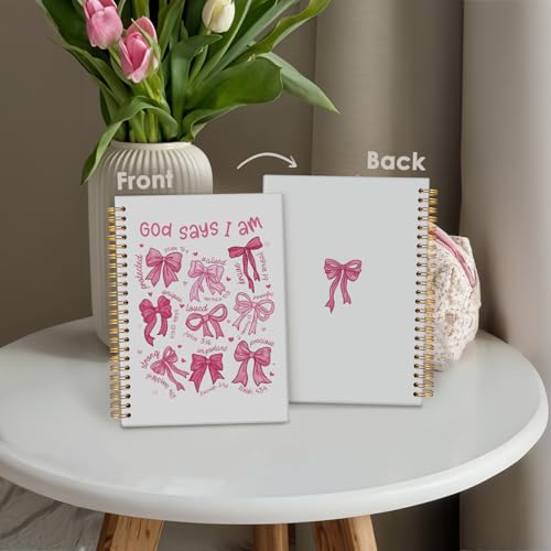 Coquette Pink Bow Notebook Journals, God Says I am Christian Notebook Journal for Women, Bible Notebooks for Note Taking，Coquette Office Supplies Hardcover Spiral Notebook 5.5x8.3 - color: Pink Bow - God says I am