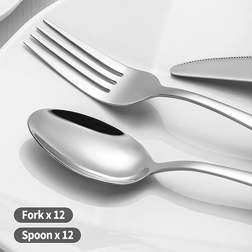 24-piece Forks and Spoons Silverware Set, Amafox Food Grade Stainless Steel Flatware Cutlery Set for Home, Kitchen and Restaurant, Mirror Polished Forks and Spoons Set for 12, Dishwasher Safe - color: Silver