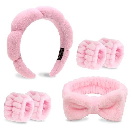 Pink Skincare Bubble headband and wristband set for Face Washing - color: Pink