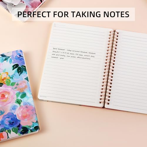 Spiral Notebook for Women, 8.25" x 6.25" Journal with Durable Hardcover and 160 Lined Pages with Large Pockets - Perfect to Stay Organized and Boost Productivity at Work or School (flowers-E) - color: flowers-E