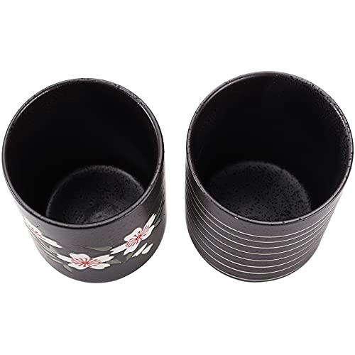 Hedume Set of 2 Japanese Tea Cups, 10oz Ceramic Teacup Mug, Japanese Cherry Blossoms and Line Design Ceramic Tea Cups Set for Green Tea, Matcha Tea, Bancha - size: 2 Count (Pack of 1)