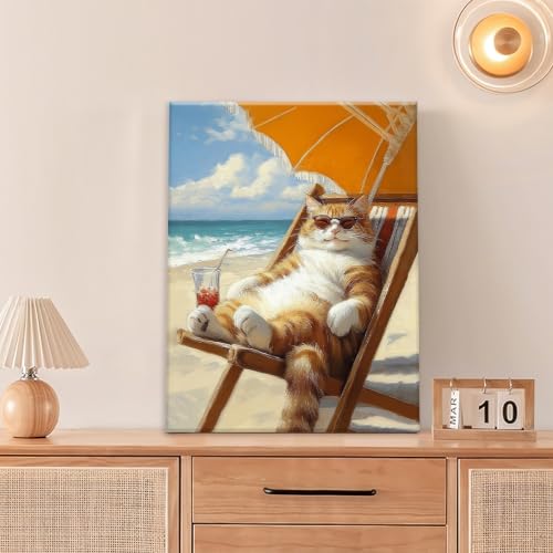 Funny Cat Beach Wall Art Cute Cat Ocean Canvas Wall Decor Coastal Kitten Pictures Paintings Prints Seaside Artwork Framed Seascape Decorations For Bathroom Bedroom Living Room Office Gifts 12" x 16" - color: Beach Cat, size: 16"L x 12"W