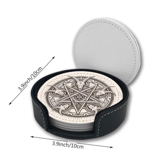Satan Goat Skull Coasters for Drinks with Holder Leather Coasters Set of 6 for Coffee Table - color: Satan Goat