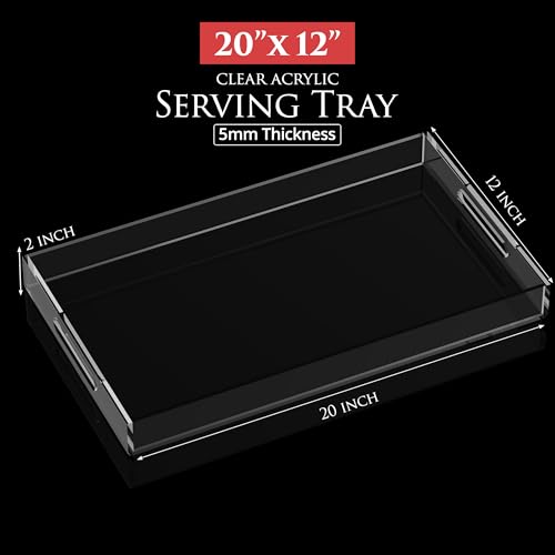Acrylic Tray 20x12 with Cut Handles - Spill Proof Decorative Tray is an Ideal Countertop Organizer for Living Rooms, Ottoman Coffee Tables, Offices, Kitchens & Serving Guests - color: Transparent, size: 20" x 12" x 2"